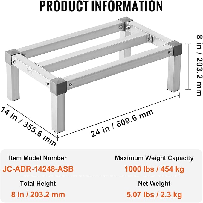 VEVOR Aluminum Dunnage Rack 24” x 14” Commercial Food Floor Rack 8” Off the Floor 1000 lbs Capacity Adjustable Aluminum Storage for Storage in Restaurants Kitchens Garages and Vehicles