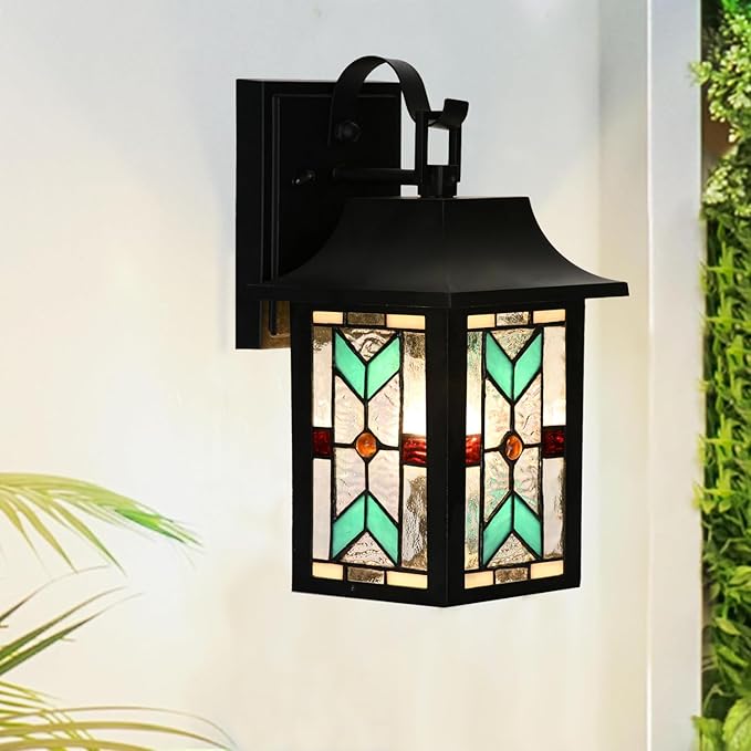 WL0009 Tiffany Style Outdoor Light Fixutres Stained Glass Wall Sconce Exterior Waterproof Wall Lantern Light for Balcony Aisle Hallway W 7X D 6 x H 12 Inches Bulb Included (Chrolume)