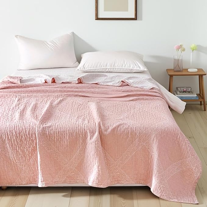 ITFRO Pink Cooling 3 Layer Cotton Muslin Blanket for Hot Sleepers Twin Size 60x80 Inches Lightweight Breathable Reversible Summer Camping Blanket All Seasons for Couch Sofa Bed (Solid Pink 60x80)
