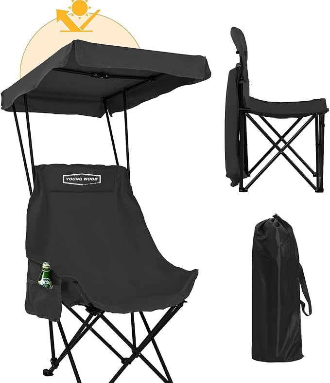 YOUNG WOOD Portable Camping Chair Beach Chair with Shade Canopy Fold Lightweight Oversized for All Easy to Open and Close Without Installation Side Pocket Design for All Outdoor Activities Black