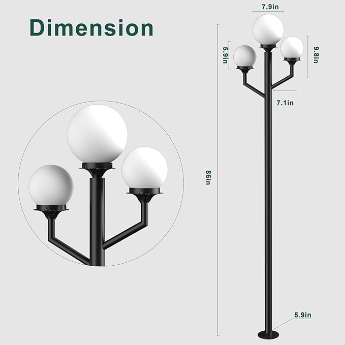 79'' Outdoor Lamp Post Light with 3 Lights(3Pcs 10W LED Bulbs Included) Waterproof Street Light Pole Lamp for Outside Black Outdoor Post Light for Garden/Yard/Patio-Black