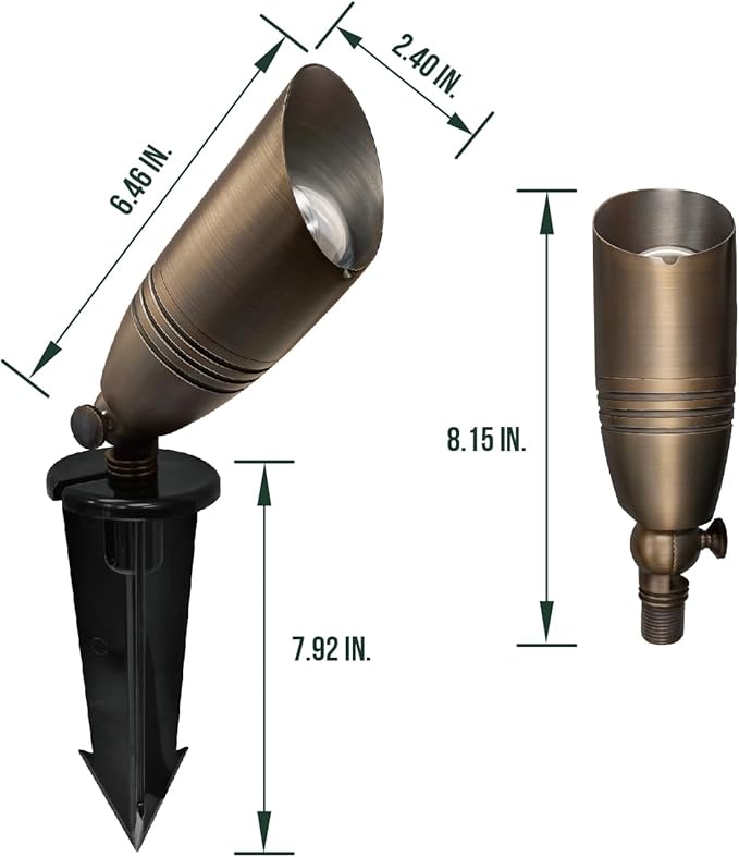 GKOLED UL Listed Solid Brass Landscape Spotlight Low Voltage Outdoor Directional Uplight with 5W MR16 LED Bulb &amp Large Rugged Slot Spike 12V AC/DC Garden Patio Spot Up Light