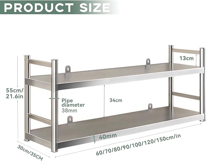 Stainless Steel 2 Tier Shelves with Guardrail for Kitchen Pantry Multi Purpose Organizer Shelf Wall Mounted Heavy Duty Storage Rack for Kitchen Appliances(120x35x75cm)