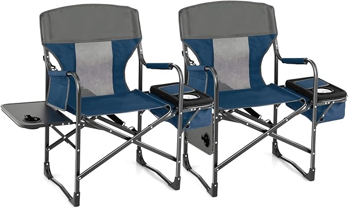 Tangkula Camping Chairs Folding Camp Chair with Side Table Cooler Bag Portable Outside Padded Lawn Chair for Travel Picnic Fishing Heavy Duty Oversized Director Chair for Adults Supports 400lbs