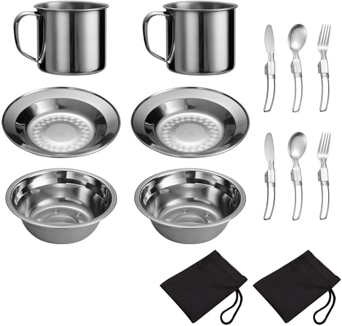 2PCS Camping Mess Kits Stainless Steel Camping Dishes Including Cups Bowls Plates Knives Forks Spoons for 2 Persons Backpacking Hiking Picnic