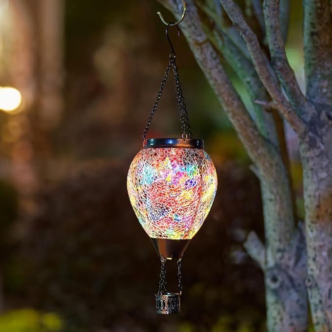 Mosica Hot Air Balloon Solar Lantern with Flame Glass Hanging Solars Lanterns Outdoor Waterproof Decorative Solar Light for Garden Yard Patio Decor