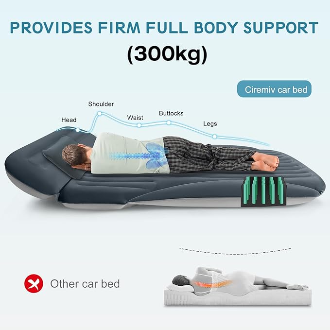 SUV Air Mattress Double-Sided Thick Flocked Car Air Mattress with Built-in Pump &amp Pillow Complete Sleeping Accessories for Auto Camping &amp Road Trips（Dark Gray）