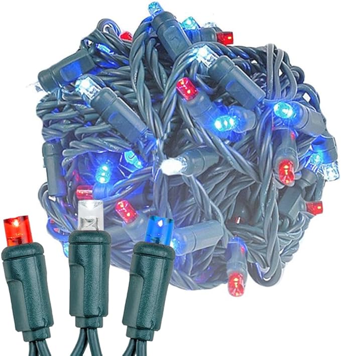 Novelty Lights 25ft 50 LED Red/Pure White/Blue Christmas Lights Outdoor/Indoor 6 Spacing Green Wire String Lights for Festive Xmas Lighting IP55 UL Listed Dimmable Connectable