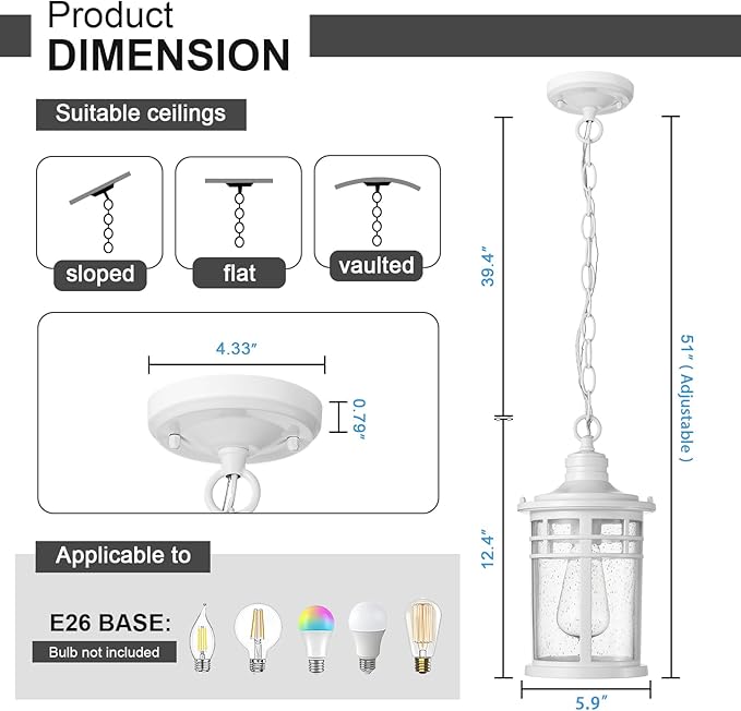 Darkaway Outdoor Pendant Lights for Porch Outdoor Chandelier Hanging Porch Lights Ceiling Mount Aluminum with Seeded Glass for Front Porch Gazebo Patio (Medium White)