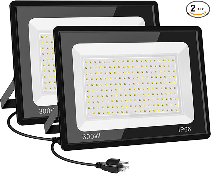2 Pack 300W Warm White Led Flood Lights Outdoor3000K Super Bright 36000LM Security Lights with PlugExterior IP66 Waterproof FloodLight for Yard Garden Playground Stadium
