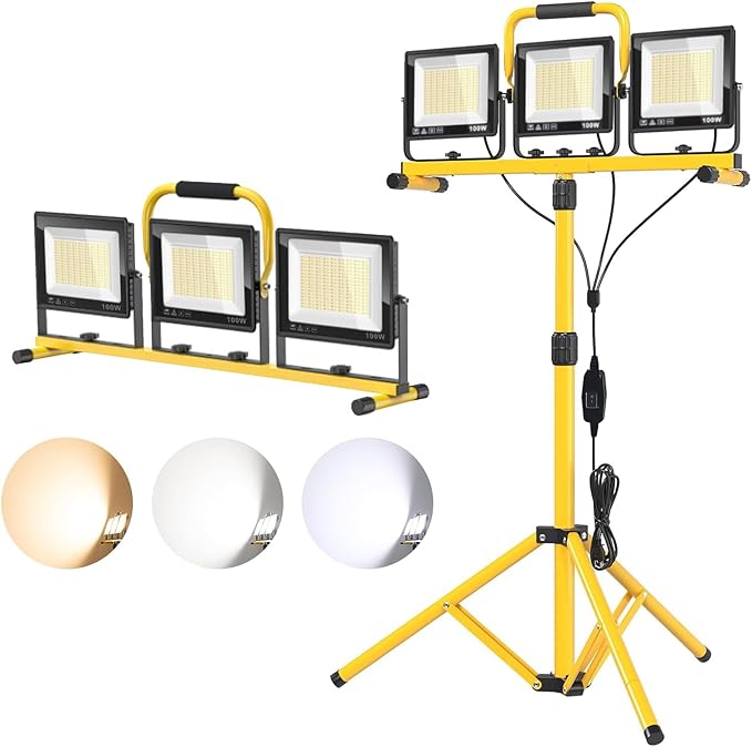 32000LM LED Work Light with Tripod 3x100W 3-Head Floodlight Plug-in 120V 3 CCT 3000K/5000K/6500K 360° Adjustable IP66 43.7-65.4 in 16.4 ft Cord Portable Telescoping Stand for Jobsite/Workshop
