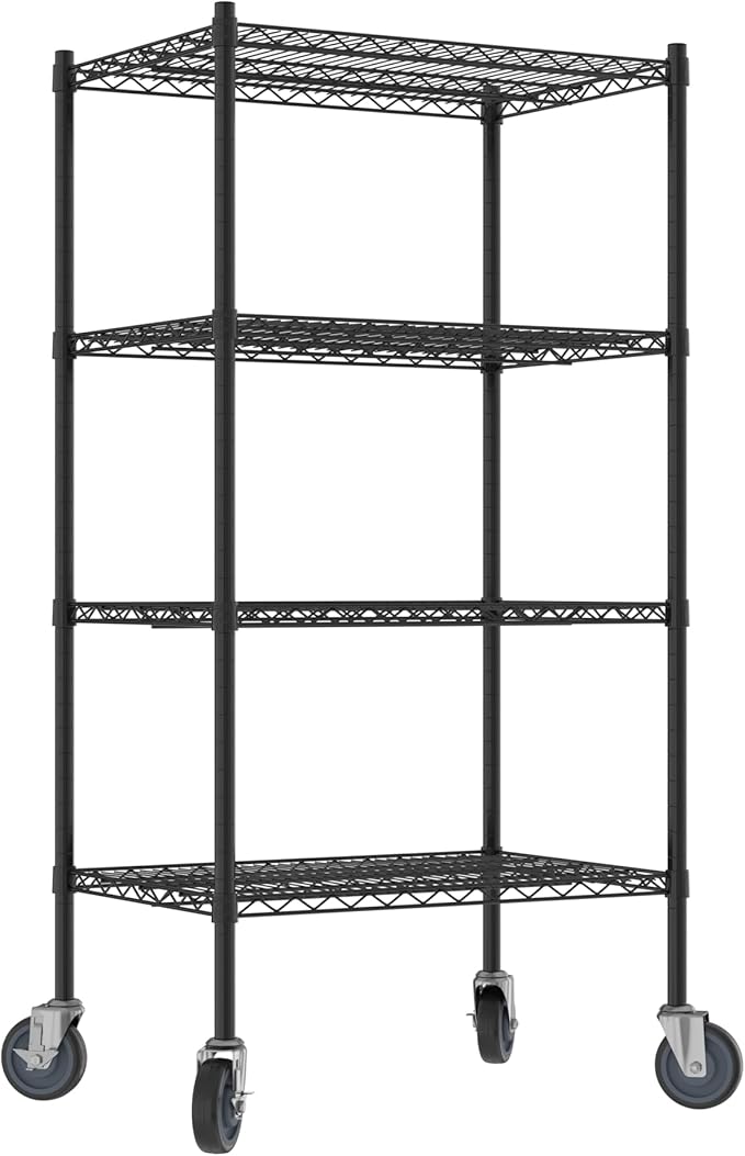 Commercial NSF Listed Black Epoxy Mobile Wire Shelving Kit 21 x 30 x 60 with 4 Shelves Perfect for Warehouse Walk-in Refrigerator Freezer Grocery Store Restaurant Dishroom