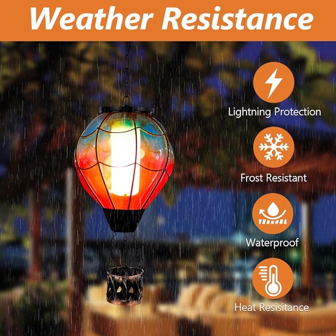 Solar Hot Air Balloon Lantern with Flame Flickering LED Glass Hot Air Balloon Solar Lanterns Outdoor Waterproof Hanging Lights for PatioPorchYardGarden Decor Mother Day Gifts for Women