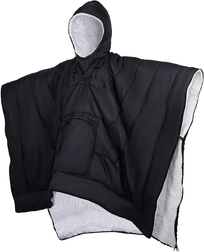 REDCAMP Wearable Camping Poncho Blanket 4-in-1 Waterproof Windproof Thermal Blanket with Kangaroo Pocket &amp Carry Bag Lightweight Portable Insulated Poncho for Outdoor Hiking Stadium（Black）