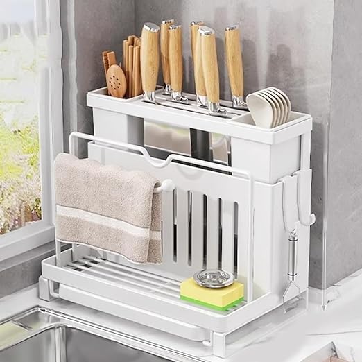Kitchen Knife Block Organizer with Drip Tray | Ventilated Countertop Storage for Knives Cutting Boards &amp Pot Lids | Space Saving Keeps Dry(WhiteB)