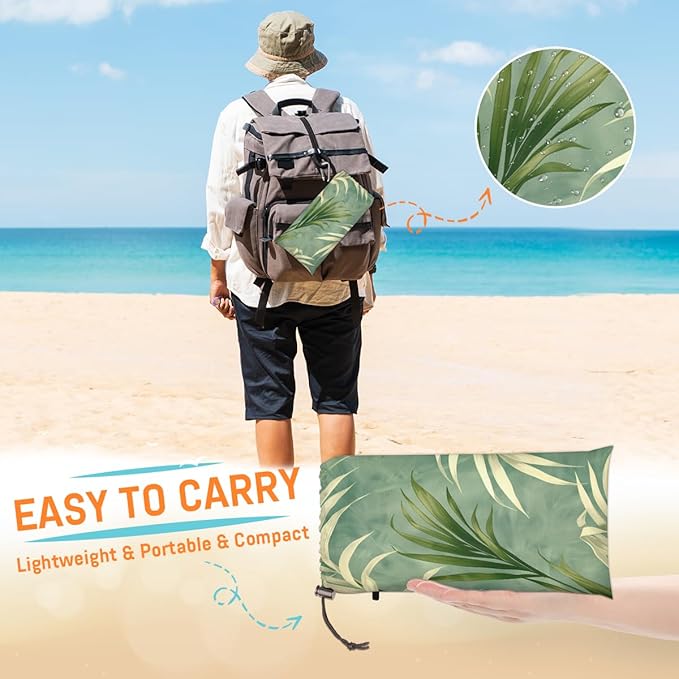Waterproof Sandproof Beach Blanket 59''×68'' Plants Leaves Polyester Outdoor Picnic Blanket with 4 Stakes &amp Storage Bag for BeachCampingVacation Milk Green
