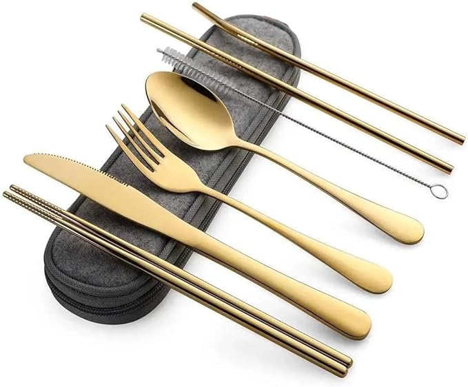 8Pcs Tableware Reusable Travel Cutlery Set Camp Utensils Set with Stainless Steel Spoon Fork Chopsticks Straw Portable Case