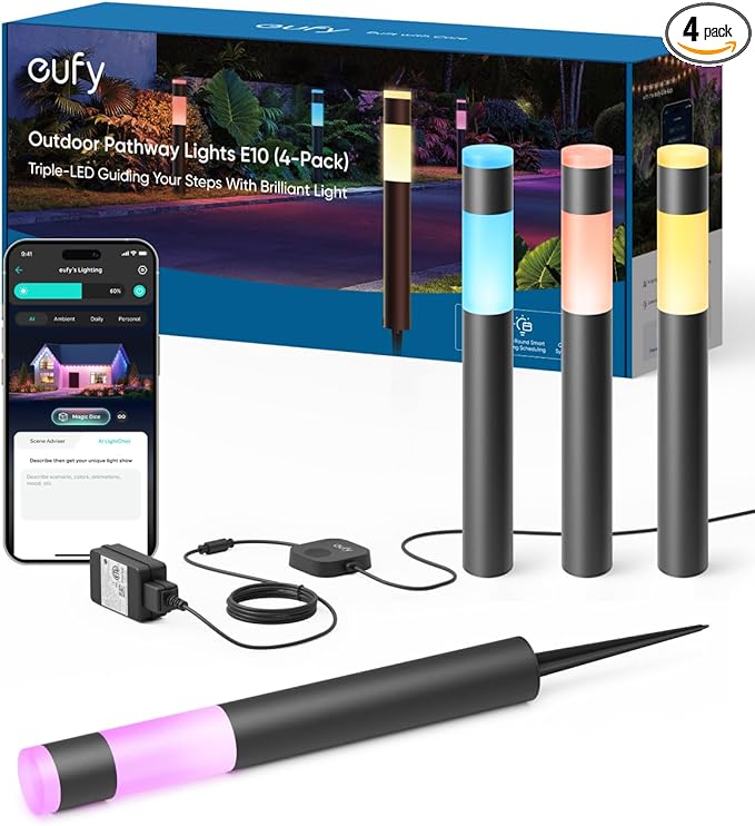 eufy Outdoor Pathway Lights E10 4-Pack Smart Wired RGBWW LED Landscape Lights 350lm IP65 Waterproof for Yard Work with Alexa Endless AI Light Themes for Christmas Halloween Link with Cameras