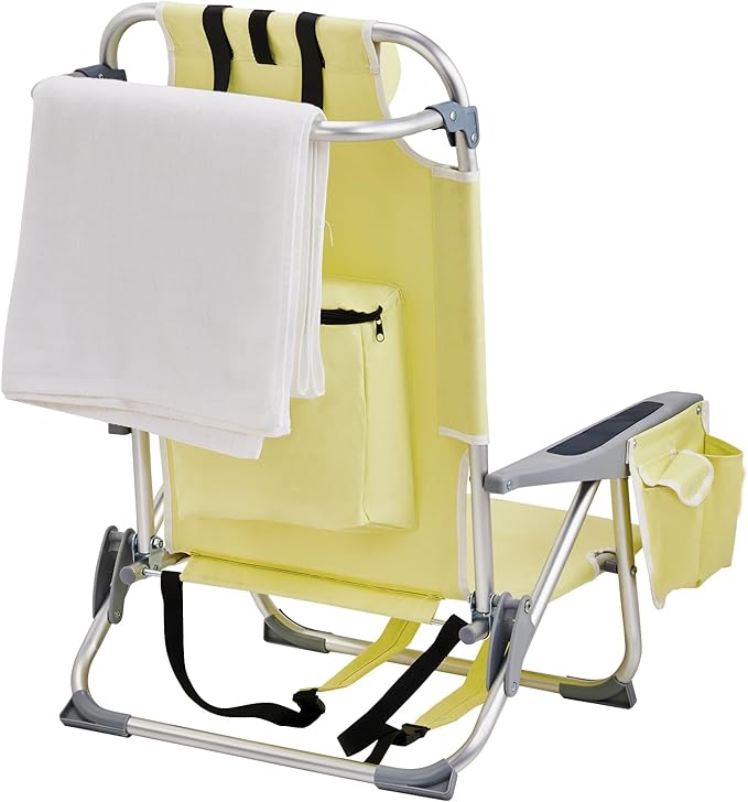 Vasitelan Outdoor Folding Backpack Beach Chair with 5 Positions Towel bar Cooler Pouch Cup HolderFolding Beach Chair with Backpack Straps (Yellow Short)