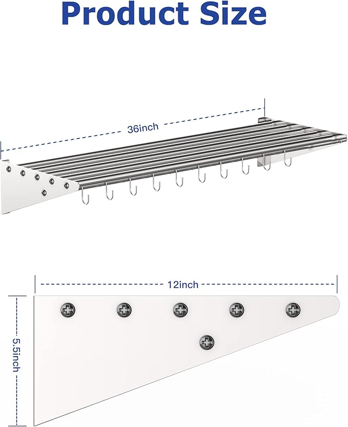 12 x 36 NSF Certified Stainless Steel Wall Mount Shelf Metal Kitchen Rack with 10 S Hooks for Convenient Storage and Organization of Pots Pans and cookware