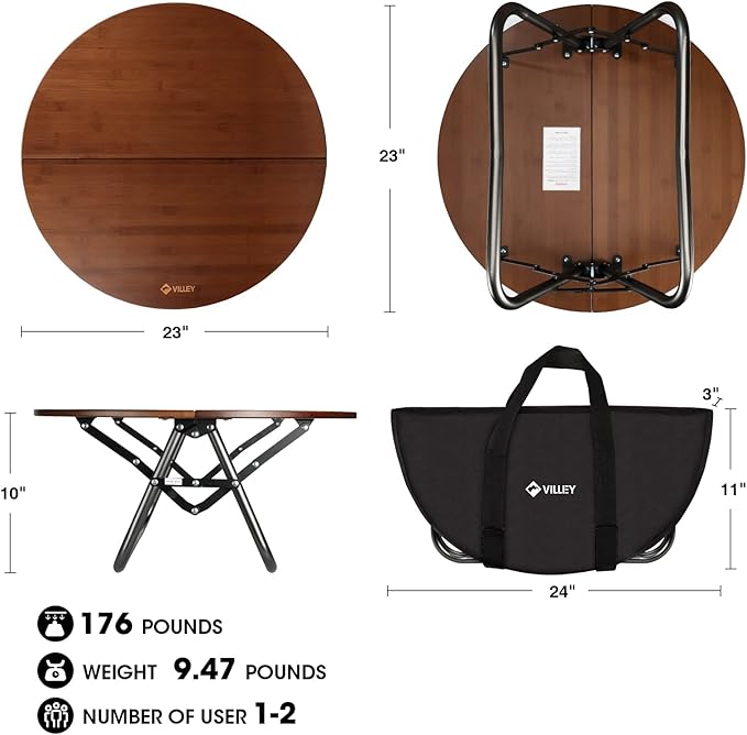 VILLEY Bamboo Round Folding Table Camping Half-fold Portable Table with Carrying Bag for Indoor &amp Outdoor Picnic Coffee Barbecue Beach Card Game