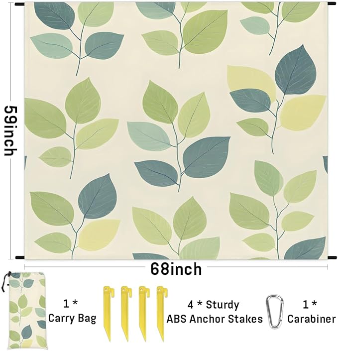 Waterproof Sandproof Beach Blanket 59''×68'' Ficus Tree Leaves Polyester Outdoor Picnic Blanket with 4 Stakes &amp Storage Bag for BeachCampingVacation Beige