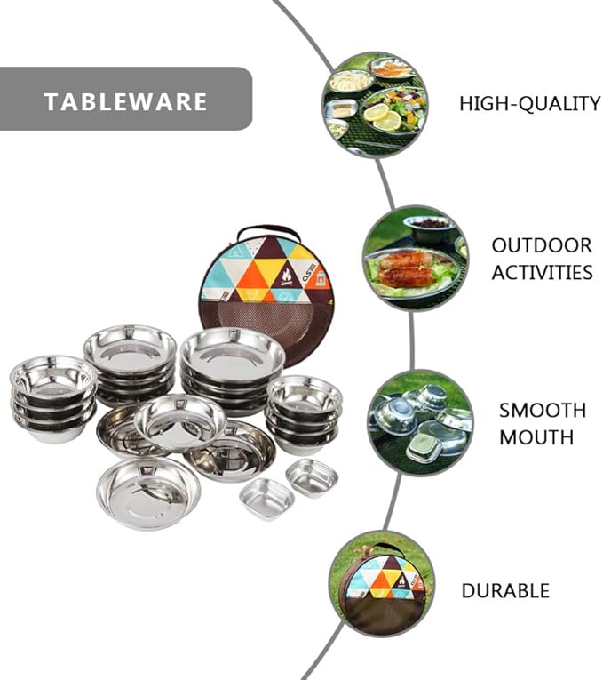 1set Outdoor Stainless Steel Dining Portable Camping Tableware for Hiking Picnics and Bbqs and Convenient Travel Utensils Storage Bag