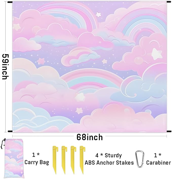 Waterproof Sandproof Beach Blanket 59''×68'' Starry Night Polyester Outdoor Picnic Blanket with 4 Stakes &amp Storage Bag for BeachCampingVacation Pale Pink