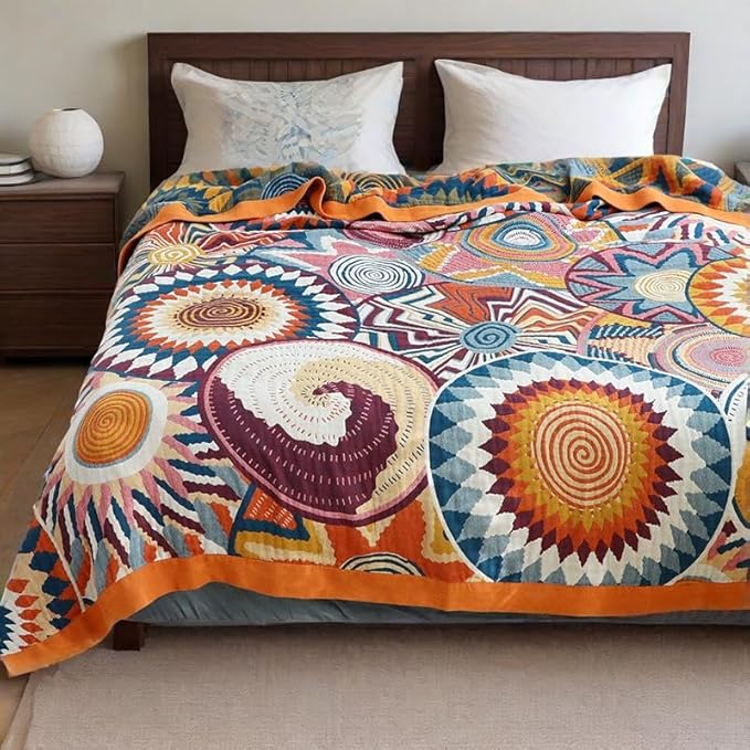 ITFRO Boho Throw Blanket 100% Cotton 4 Layer Muslin Blanket Twin Size 60x80 Lightweight Breathable Rustic Bed Throw Art Geometry Farmhouse Decor for Sofa Couch (Boho Colorful 60x80)