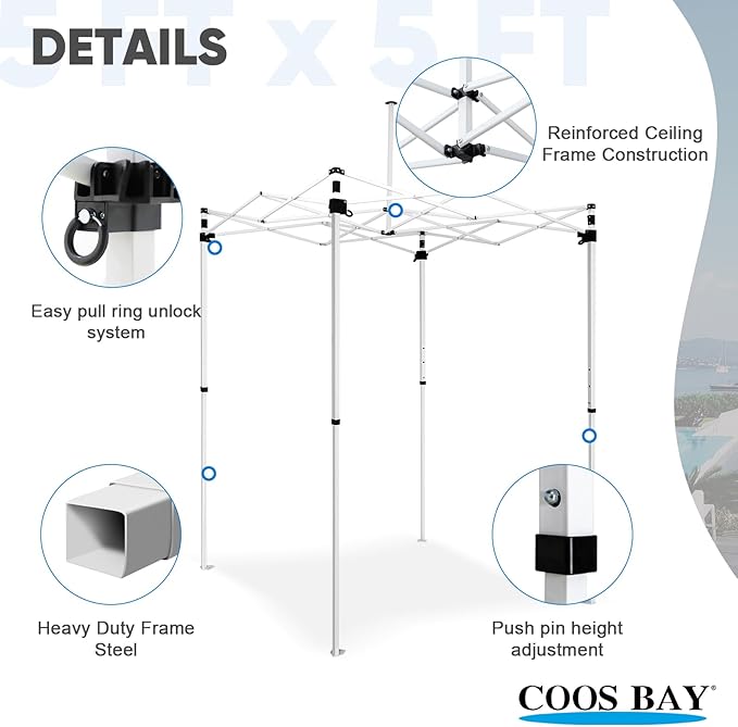 COOS BAY Pop Up Canopy Tent 5x5 Portable Lightweight Sun Shelter with Carry Bag Outdoor Shade for Beach Sports Hiking Patios Backyard Events White