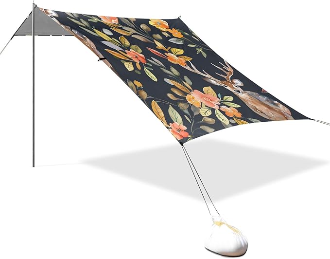 Watercolor Pattern with Deer and Flowers Camping Sun Shelter Beach Tent Portable Beach Sun Shade Outdoor Canopy for Camping Trips Fishing Picnic