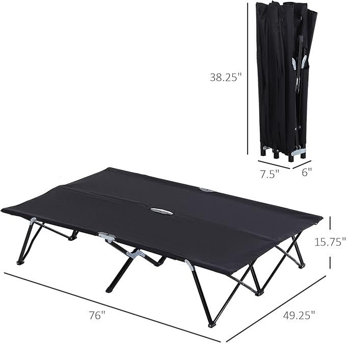 2 Person Folding Camping Cot for Adults 50 Extra Wide Portable Sleeping Cot with Carry Bag 300 lbs Capacity Elevated Camping Bed for Outdoor Beach Hiking Black