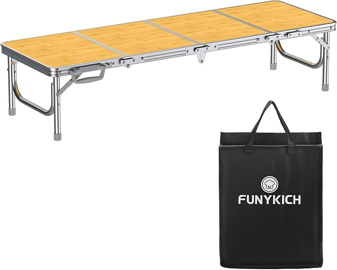 FUNYKICH 4ft Low Folding Picnic Table(45.7''x15.7''x10.3'') Thicker Aluminum Legs Beach Table with Handle &amp Carry Bag Lightweight Small Camping Table for Picnic Beach Camping Party Yellow