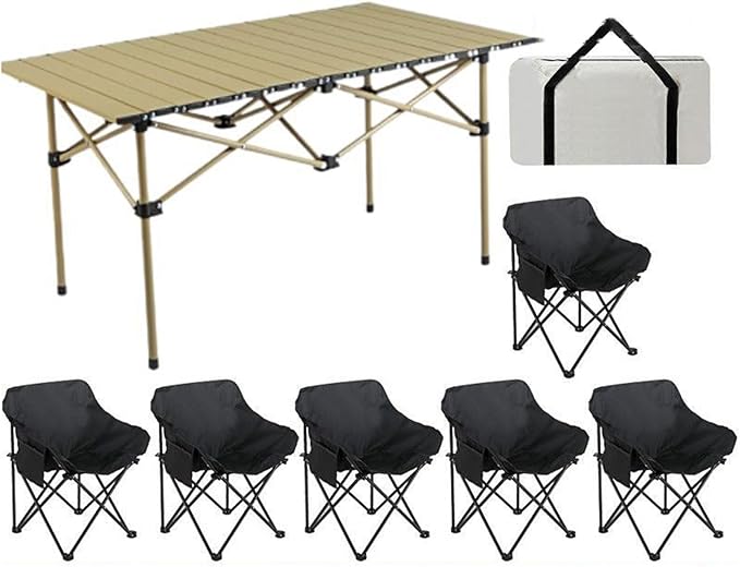 Portable Folding Camping Table and Chairs Set Lightweight Carbon Steel Roll Up Top Picnic Table Portable Outdoor Dining Set for BBQ Garden Hiking and Fishing
