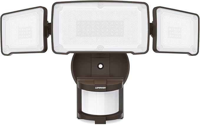 LEPOWER LED Security Light Motion Sensor Light Outdoor 38W 4200LM Motion Security Light 5500K IP65 Waterproof 3 Head Motion Detected Flood Light for Garage Yard Porch (Brown)
