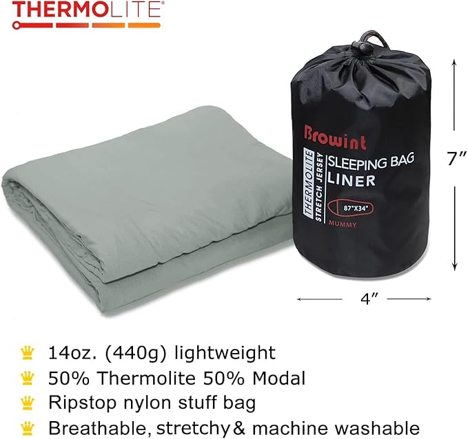 BROWINT Thermolite Sleeping Bag Liner with Zippers for Cold Weather Lightweight Mummy with Hood &amp Rectangular Sleep Sack for Adult Adds Warmth Thermal Travel Liner All Season