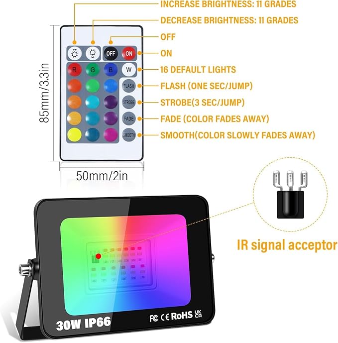 LED Flood Light Outdoor 30W 300W EquivalentRGB Color Changing Floodlight with Remote 16 Colour Changing IP66 Waterproof Control for Garden Party Stage Landscape (2 Pack)