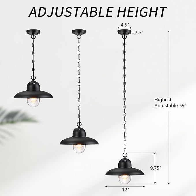 Dusk to Dawn Outdoor Pendant Lights for Porch 12 Outdoor Farmhouse Hanging Light Fixture with Adjustable Chain and Bubble Glass Black Rustic Exterior Pendant Light for Front Door Gazebo
