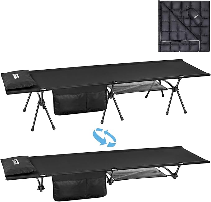 ICECO Camping Cot with Camping Blanket for Adults 900D Oxford Fabric Height Adjustable with Cot Leg Extenders Sleeping Cot for Camping Hiking Beach Home Lightweight Comfortable(L-Black)