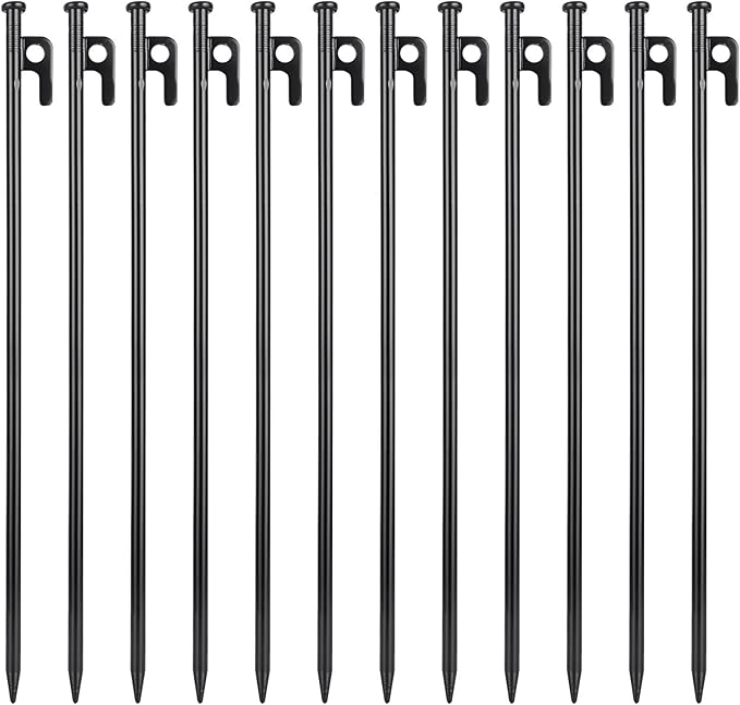 12 Pcs 16 Inch Tent Stakes Heavy Duty Metal Tent Pegs Camping Steel Tent Stakes for Unbreakable and Inflexible Camping Backyard Rocky Ground