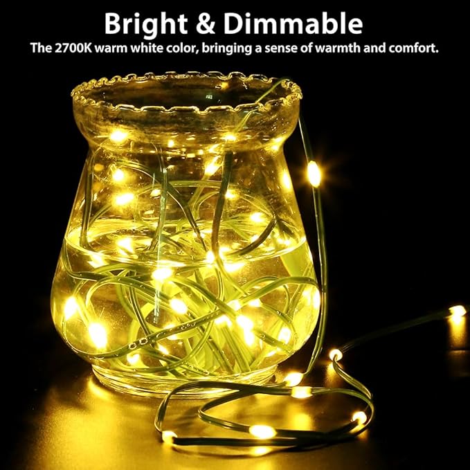 33ft Battery Operated String Lights (2 Pack) 100 LED Fairy String Lights Battery Powered w/Remote &amp Timer for Indoor Outdoor Christmas Trees Wreath Decoration Bedroom Patio - Warm White