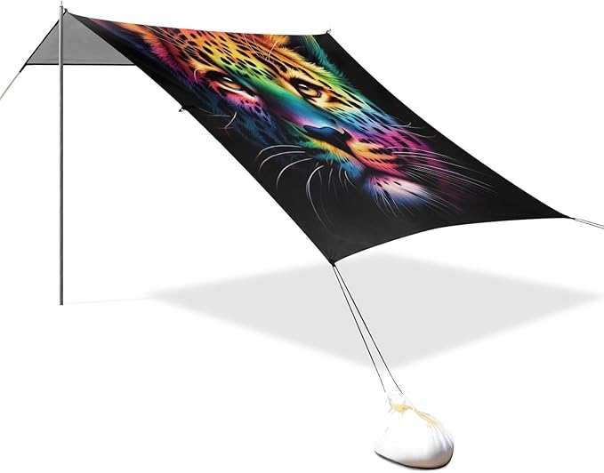 ALAZA Leopard Portrait Rainbow Color Beach Tent Sun Shelter UPF50+ Protection Beach Shade Canopy w/ 4 Sandbags for Outdoor Camping Fishing Backyard Fun Picnic 10x9 ft