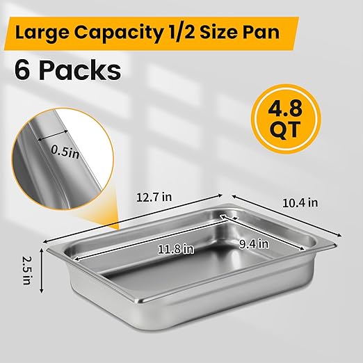 Aplancee 1/2 Hotel Pans 2.5 Inch Deep Stainless Steel Food Pan - Anti-Jam 6 Pack Steam Table Pan Set for Catering Buffet Use Kitchen Prep