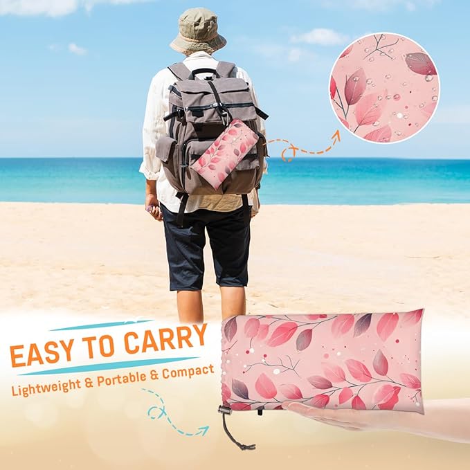 Waterproof Sandproof Beach Blanket 59''×68'' Plants Pink Leaf Polyester Outdoor Picnic Blanket with 4 Stakes &amp Storage Bag for BeachCampingVacation Pink