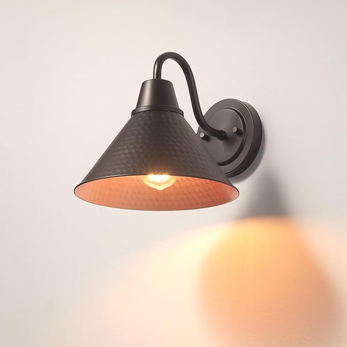 Globe Electric 60000013 1-Light Outdoor Wall Sconce Bronze 9 Warehouse Shade Painted Gold Interior Gooseneck Stem Porch Light Wall Lighting Patio Décor