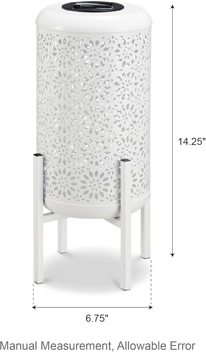 Glitzhome Solar Lantern White Metal Cutout Flower Pattern Outdoor Hanging Solar Light with Stand for Garden Patio Yard Outdoor Decor
