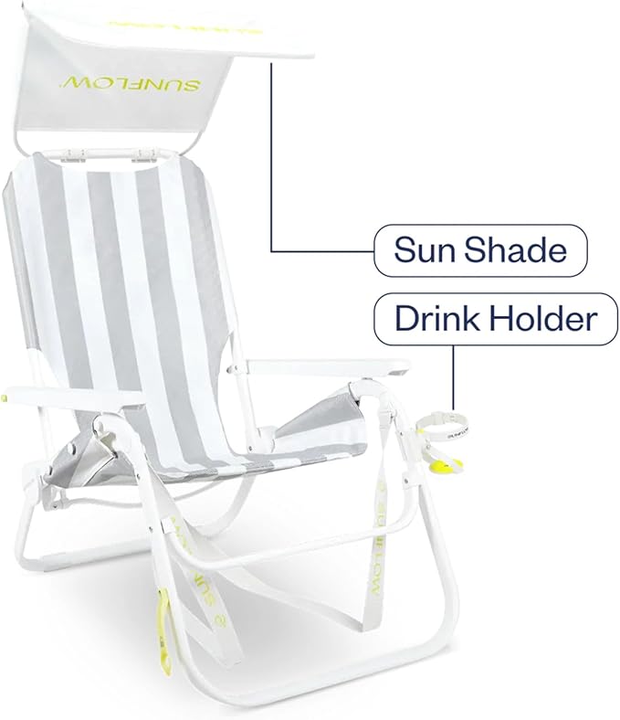 SUNFLOW Shore Thing Premium Beach Chair - Adjustable Portable Rust-Resistant Reclining Beach Chair with UPF 50+ Sun Shade and Drink Holder for The Ultimate in Comfort (Oyster Gray Stripe)