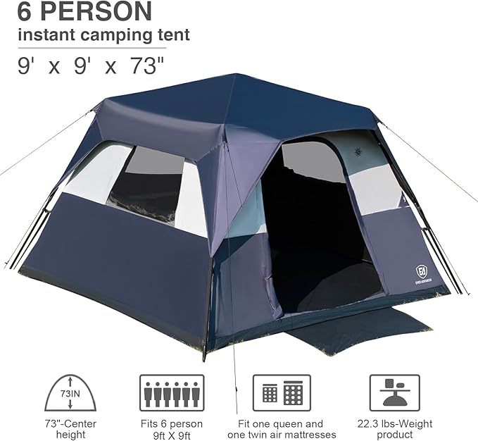 EVER ADVANCED 6 Person Camping Tent Blackout Design Tent for Camping Instant Cabin Tents for Family with Rainfly 60s Easy Setup Water-Resistant