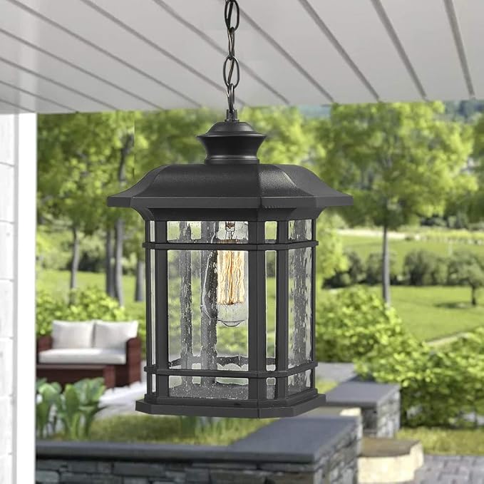 Emliviar Modern Exterior Pendant Light Lantern 14 Outdoor Hanging Light in Black Finish with Seeded Glass A2202110D1