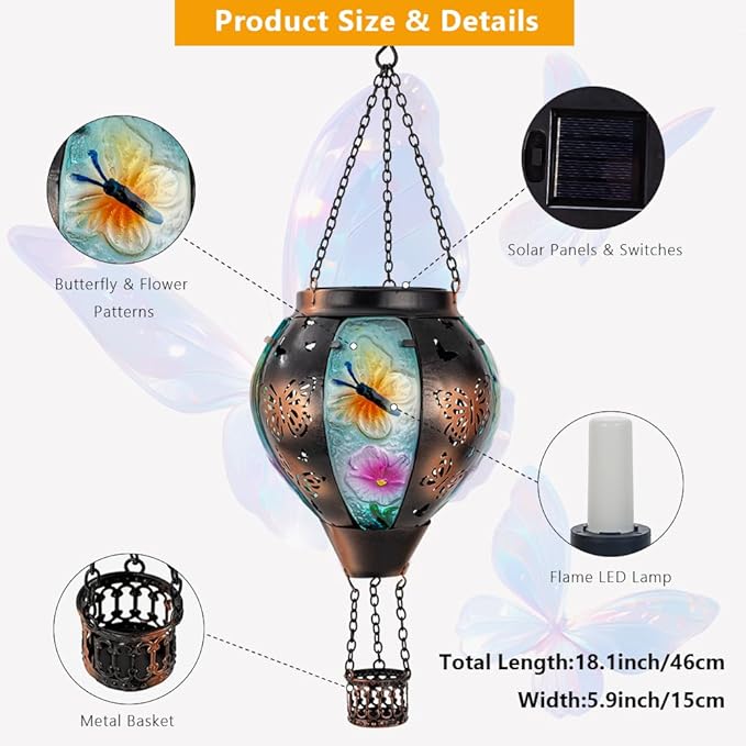 DREAMSOUL Butterfly Hot Air Balloon Solar Lantern Glass &amp Metal Outdoor Lantern Hanging Solar Lanterns Outdoor Waterproof for Garden Patio Party